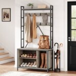 Porte - manteau meuble d?entre vestiaire avec 8 crochets 3 compartiments de rangement banc  chaussures ...