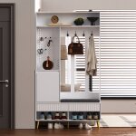 Porte - manteau meuble d?entre vestiaire portant avec banc  chaussures crochets blanc - mdf