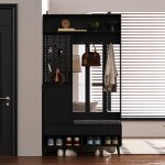 Porte - manteau meuble d?entre vestiaire portant avec banc  chaussures crochets noir - mdf