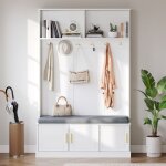 Porte - manteau vestiaire portant avec banc  chaussures crochets blanc - panneaux de particules