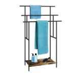 Porte - serviettes relaxdays avec tablette h x l x p: 100x68x30 cm style industriel 3 barres sur pied ...