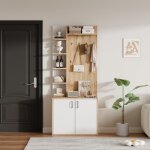 Portemanteau entre 75x33x180cm bois&blanc - 5 niveaux rangement + patres - meuble chaussures intgr ...