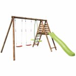Portique balan�oire en bois 3 agr�s et toboggan violaine