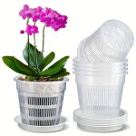Pot de jardinage respirant en plastique transparent pour orchidées 5 pièces 16 cm (plateau inclus) Pot de jardinage respirant en plastique transparent pour orchidées 5 pièces 16 cm (plateau inclus)