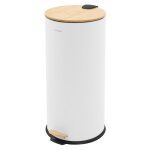 Poubelle � p�dale ml - design 30 l blanche en acier ronde couvercle en bambou fermeture silencieuse