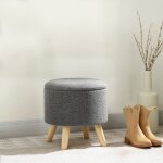 Pouf rond repose - pieds tabouret avec coffre de rangement pieds en bois design moderne gris