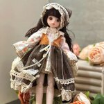Poup�e de collection 30 cm style campagnard porcelaine avec robe et tablier brod�s cheveux noirs cadeau ...