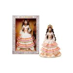 Poup�e d�a de muertos - barbie - robe couleur cr�me � volants - couronne de fleurs - maquillage calavera ...