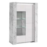 Prava - vitrine 3 portes laquée blanc et effet marbre avec leds Prava - vitrine 3 portes laquée blanc et effet marbre avec leds