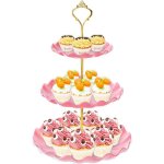 Pr�sentoir � cupcakes en plastique � trois niveaux avec plateau � �tages rose
