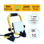 Projecteur de chantier led 50w 4500 lm ip654000k cble 18m - garantie 5 ans