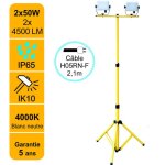 Projecteur led de chantier 2x50w 2x4500 lm ip65 4000k cble 21m sur trpied ajustable