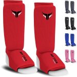 Prot�ge - tibias + pied mytra fusion - enfant - sports de combats - l�ger et rembourr� - rouge