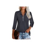Pull femme chic gris col zipp� ajustable manche 3 / 4 - haut elegant business casual maille extensible ...