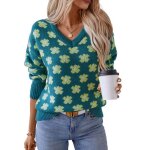 Pull femme ? jacquard fleurs ? col v ? manches longues ? automne hiver - taille eu ? bleu