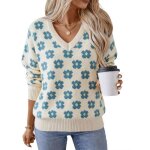 Pull femme ? jacquard fleurs ? col v ? manches longues ? automne hiver - taille eu ? �cru