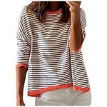 Pull femme tricot coton ray� gris - coupe ample col rond manches longues - haut casual automne hiver ...