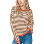 Pull femme tricot coton ray� marron xl - col rond coupe ample automne hiver - chandail chaud d�contract� ...
