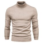 Pull col roul homme hiver 2025 ? tricot fin chaudpull uni  col haut bord - ctes lastiques - kaki