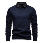 Pull homme en tricot avec col de chemise polaire chaud automne hiver pullover manches longues couleur ...