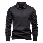 Pull homme en tricot avec col de chemise polaire chaud automne hiver pullover manches longues couleur ...
