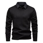 Pull homme en tricot avec col de chemise polaire chaud automne hiver pullover manches longues couleur ...