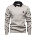 Pull homme tricot� avec col de chemise doubl� polaire chaud pullover manches longues couleur contrast�e ...