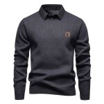 Pull homme tricot avec col de chemise doubl polaire chaud pullover manches longues couleur contraste ...