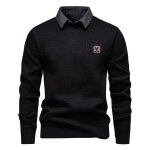 Pull homme tricot avec col de chemise doubl polaire chaud pullover manches longues couleur contraste ...
