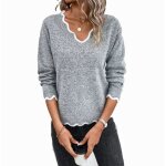Pull vitata femme - col v - manches longues - haut dcontract automne / hiver - gris