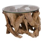 Rama - table basse ronde 60cm teck brut et plateau verre