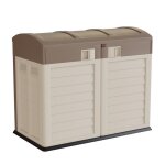 Rangement poubelle 1500l - cache poubelle de tri polypropyl�ne ecru taupe - coffre de jardin verrouillable ...