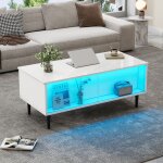 Redom table basse de salon 105 x 50 x 43 cm r�glable en hauteur avec rangement cach� led et vitrine en ...