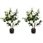 Relax4life lot de 2 plantes artificielles 95 cm cam�lia artificiel en pot en ciment 24 fleurs de blanc ...