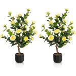 Relax4life lot de 2 plantes artificielles 95 cm cam�lia artificiel en pot en ciment 24 fleurs de jaune ...