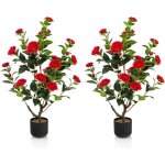 Relax4life lot de 2 plantes artificielles 95 cm cam�lia artificiel en pot en ciment 24 fleurs de rouge ...