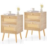 Relax4life lot de 2 table de chevet en bois avec 2 tiroirs en rotin table de nuit 40x40x59cm table dappoint ...