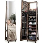 Relax4life armoire  bijoux led sur pied - 4 roues & miroir pleine longueur - verrouillable  cl - 5 ...