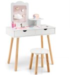 Relax4life coiffeuse pour enfants 3 - 7ans avec tabouret bureau 2 en 1 avec miroir amovible et 2 tiroirs ...