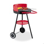 Relaxdays barbecue charbon de bois avec roulettes  42 cm grill rond sur roues protection contre le vent ...