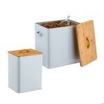 Relaxdays bote de conservation lot de 2 2 tailles couvercle & cuillre fer rcipient croquettes blanc ...