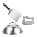 Relaxdays set smash burger 3 pi�ces presse � hamburger avec cloche de fondu et spatule inox argent�