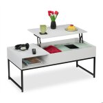 Relaxdays table basse avec plateau relevable hlp : 45x110x50 cm effet bois et mtal table de salon blanche ...