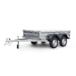 Remorque double essieu en acier 233 cm ridelles avant / arrière ouvrantes 235t bâche plate Remorque double essieu en acier 233 cm ridelles avant / arrière ouvrantes 235t bâche plate