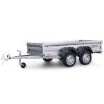 Remorque double essieu en acier 265 cm ridelles avant / arrière ouvrantes 265t bâche plate Remorque double essieu en acier 265 cm ridelles avant / arrière ouvrantes 265t bâche plate