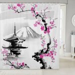 Rideau de douche mont fuji fleurs de cerisier japonais anneaux inclus 3d effect impermable 180 x 200 ...