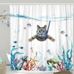 Rideaux de douche en tissu impermable bleu sarcelle de mer avec chat drle et pieuvre toile de mer to ... Rideaux de douche en tissu impermable bleu sarcelle de mer avec chat drle et pieuvre toile de mer to ...