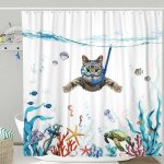 Rideaux de douche en tissu impermable bleu sarcelle de mer avec chat drle et pieuvre toile de mer to ...