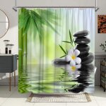 Rideau de douche en tissu polyester impermable zen bambous fleurs pierres reflet 180 x 200 cm avec crochets ...