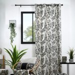 Rideau � oeillets imprim� feuillage tropical en coton ecru 140x260 cm
